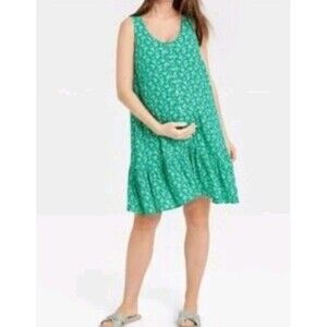 The Nines By Hatch Maternity Dress Green Floral Ruffle Hem Button Front Size XS‎